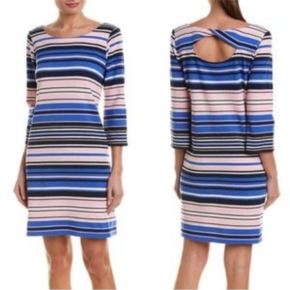 Lilly Pulitzer Paradise Baby Pink Blue Swim Stripe Bay 3/4 Sleeve Cutout dress S